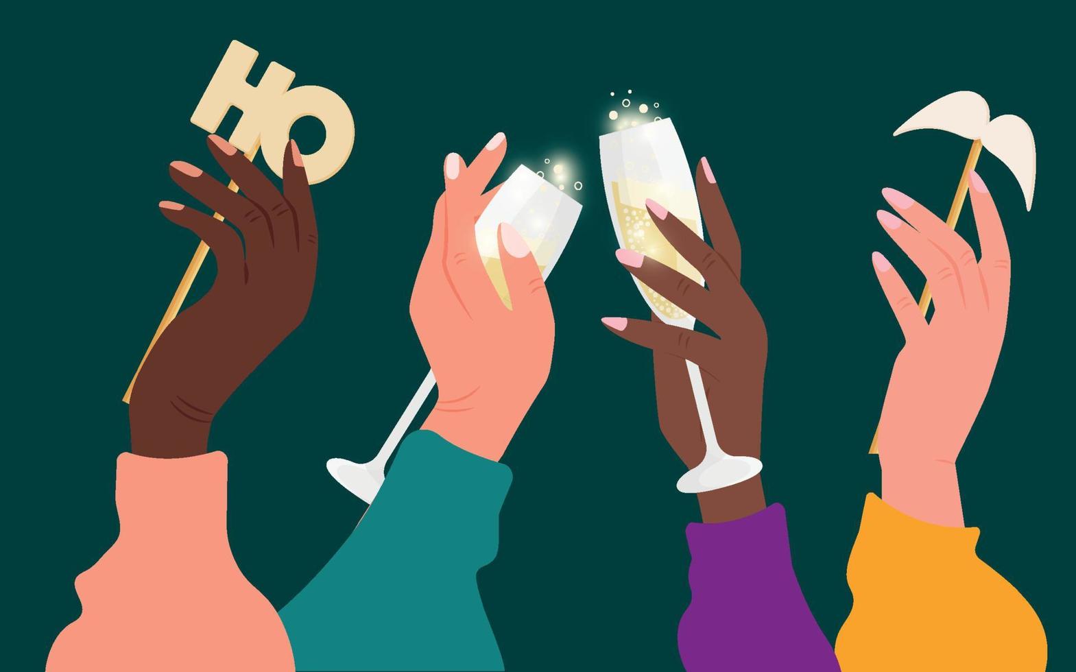gelukkig nieuwjaar 2022 met glazen en champagne. kerst decor. vector illustratie