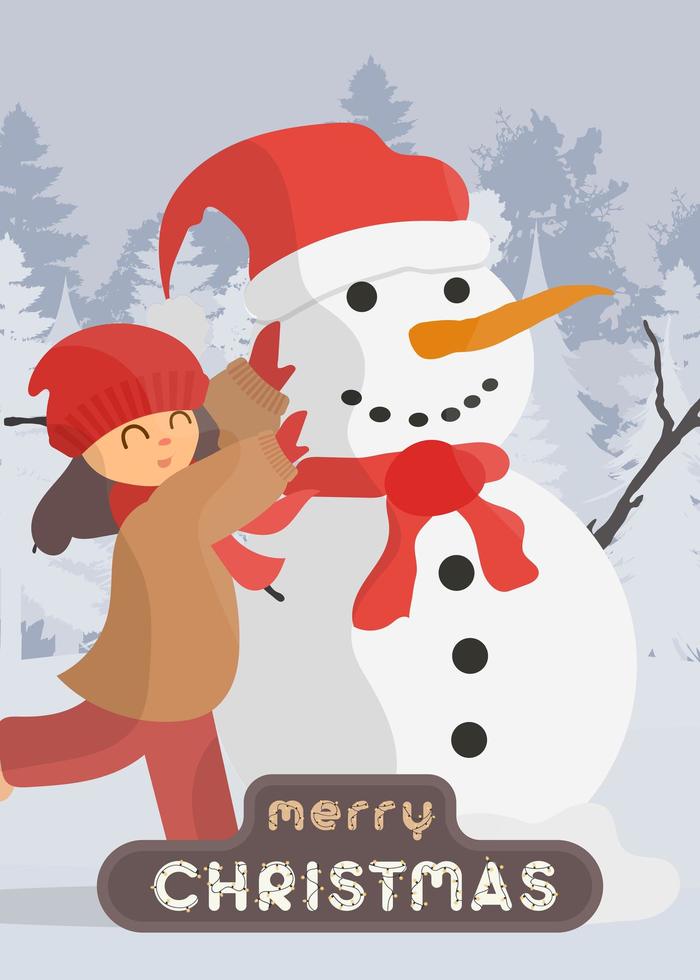 vrolijk kerstkaartje. een meisje beeldhouwt een sneeuwpop in een besneeuwd bos. sneeuwpop, meisje in warme winterkleren. tekenfilm, vector