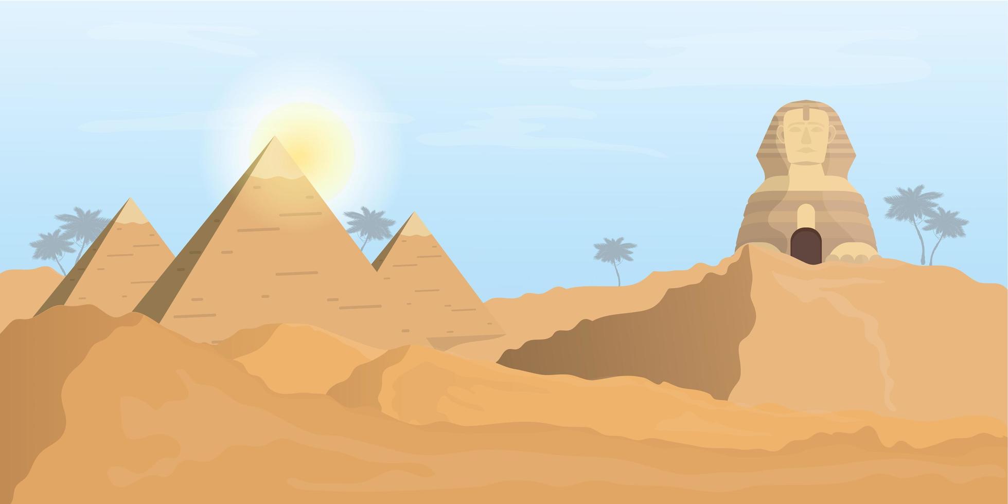 Egyptische sfinx en piramides. woestijn. een man leidt kamelen door de woestijn. vector