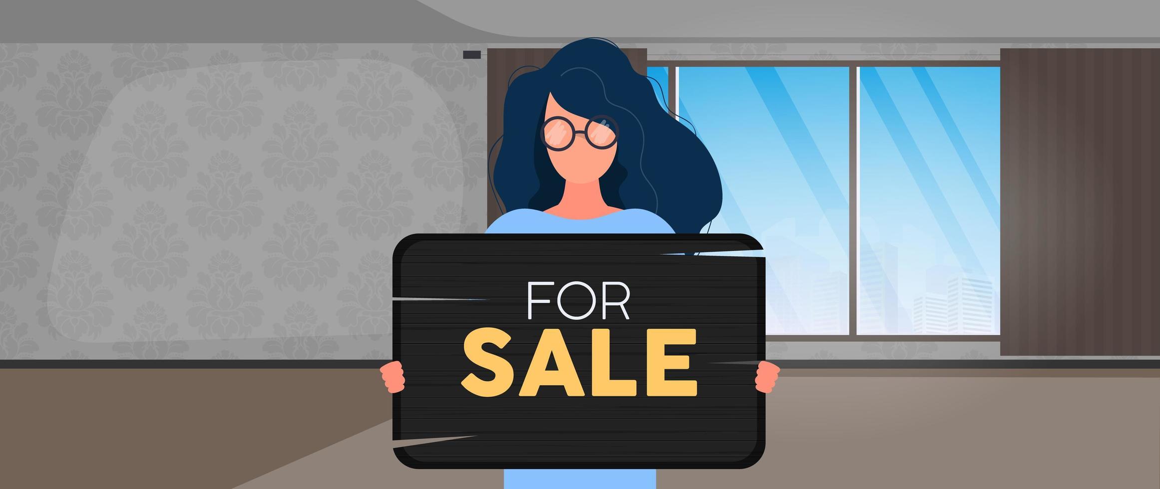 een vrouw met een bril houdt een houten bord vast met het opschrift te koop. jonge vrouw met een houten bord. het concept van de verkoop van een appartement, kantoor of gebouw. vector. vector