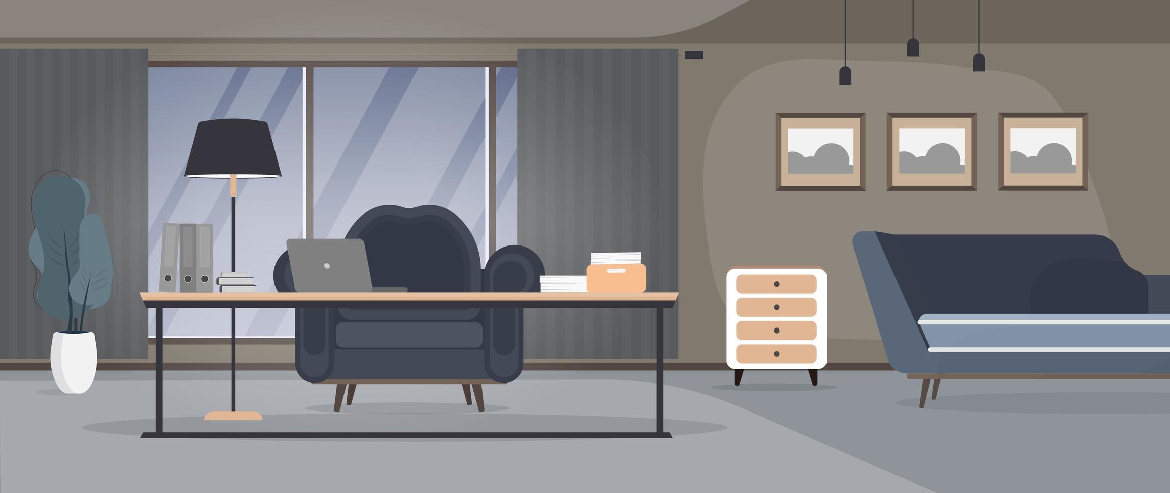 kantoor met een groot panoramisch raam. een kamer met een werkplek. kantoor. tafel, fauteuil, laptop, documenten, groot raam. loft-stijl. vector. vector