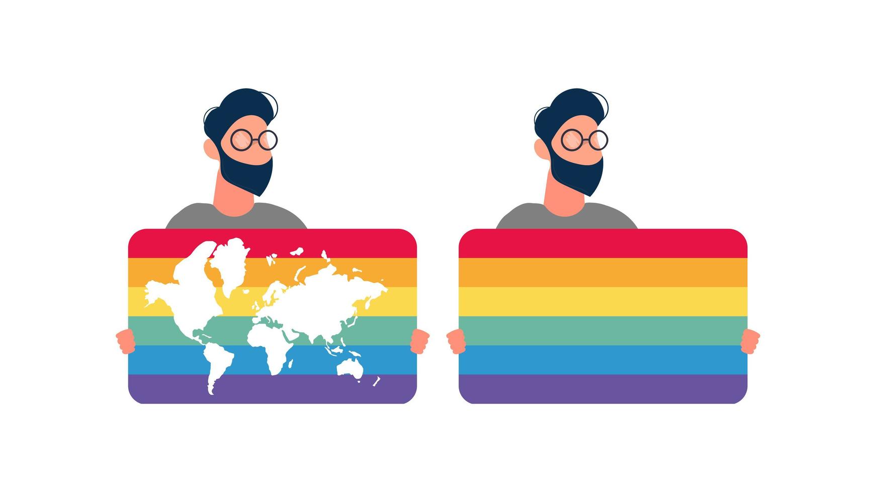 een man met een lgbt-vlag. de man houdt een spandoek vast met lgbt-kleur. vector. vector