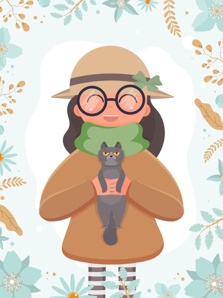 een schattig meisje met een hoed en een bril houdt een kat in haar handen. geschikt voor het ontwerpen van ansichtkaarten en boeken. vector