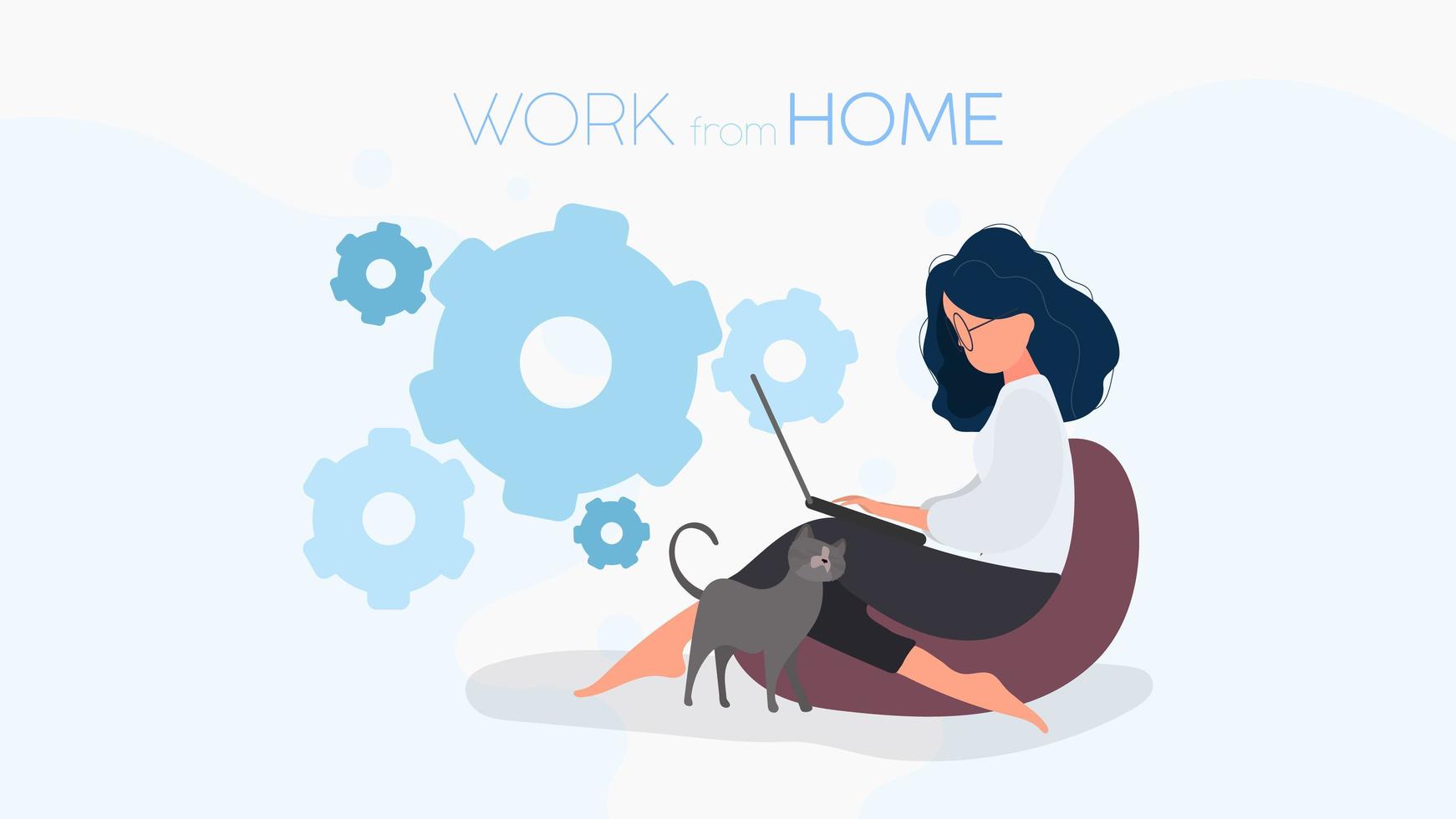 werk vanuit huis banner. het meisje zit op een poef en werkt op een laptop. een vrouw met een laptop zit op een grote poef. comfortabel thuiswerken concept. vector. vector