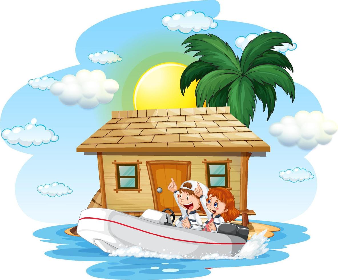 bungalow op het eiland met kinderen op speedboot vector