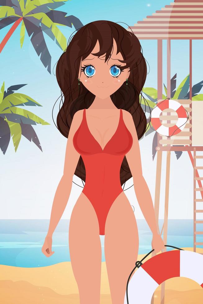 strand badmeester vrouw op het strand met palmbomen. cartoon-stijl. vectorillustratie. vector