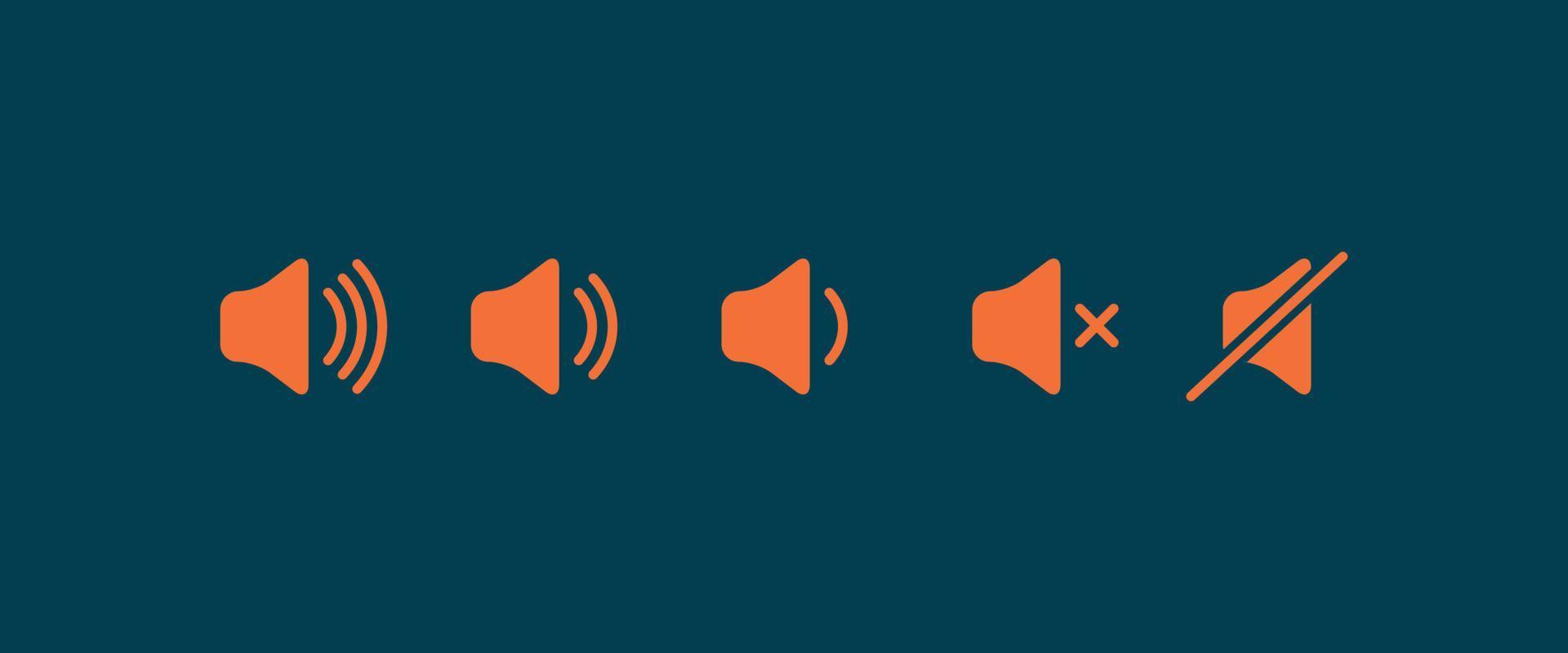 geluidsvolume plat pictogram. teken voor verhoogt en vermindert hard geluid. set oranje volumeniveaupictogrammen op blauwe achtergrond vector