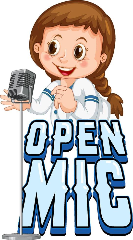 open mic-logo-ontwerp met stripfiguur voor zangeres vector