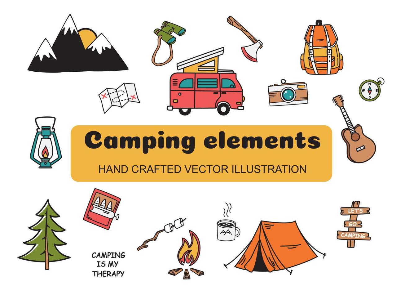 een set kampeerelementen voor design. kampvuur, tent, gitaar, enz. handgemaakte vector. vector