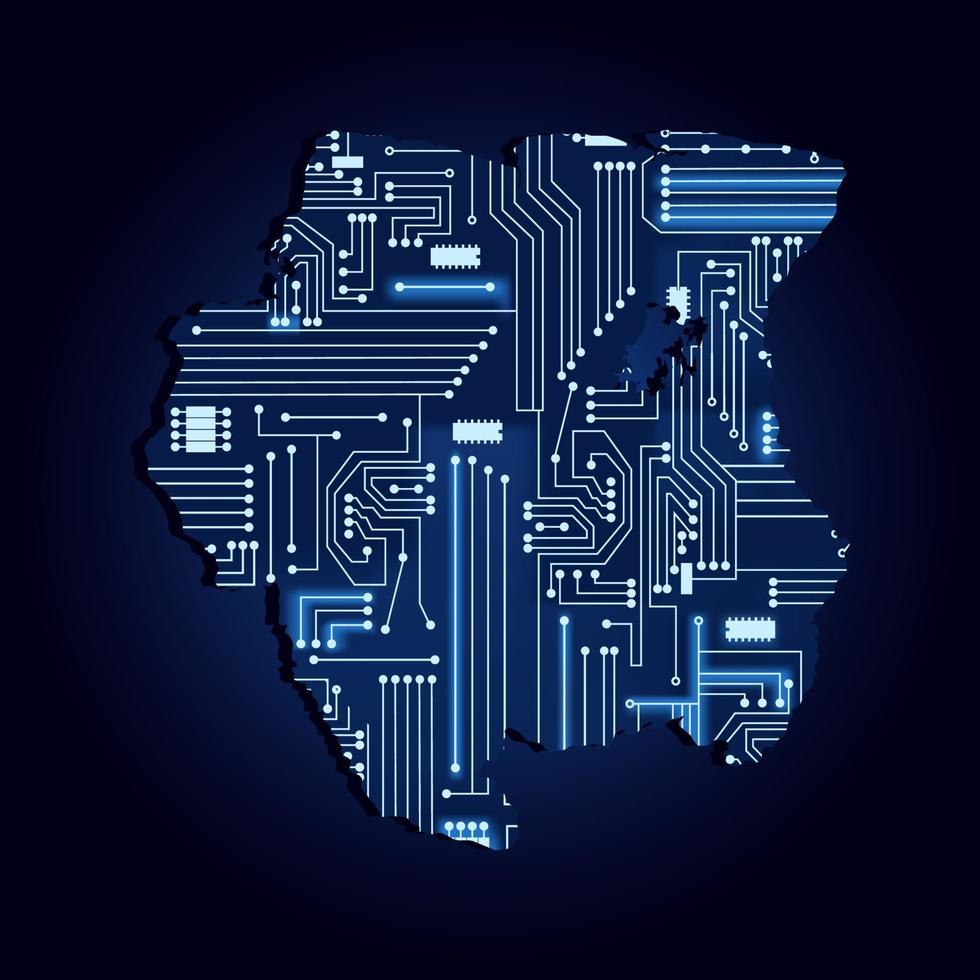 contourkaart van suriname met een technologisch elektronisch circuit. vector