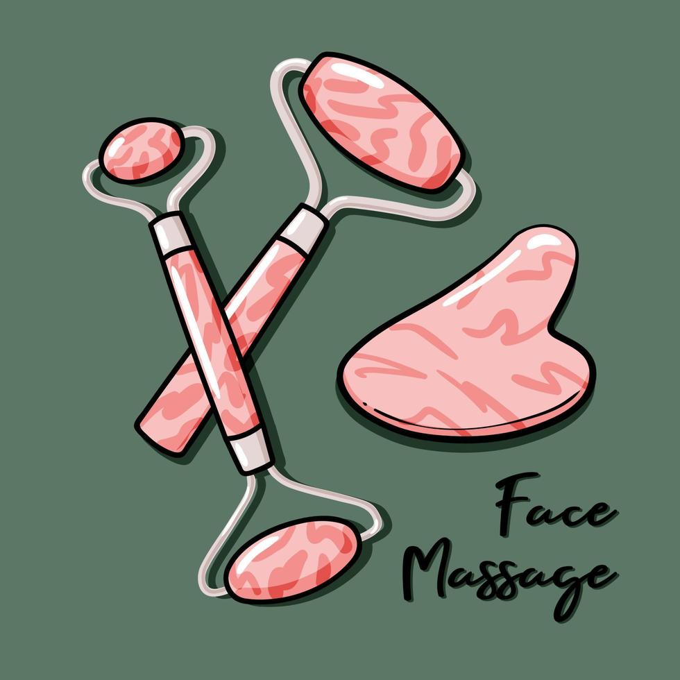 Gua sha en gezichtsmassage jade roller tool geïsoleerd op groene achtergrond. Rose quarts steen zelfmassage schraper. schoonheidsroutine voor thuis. moderne platte doodle compositie illustraties van gua sha vector