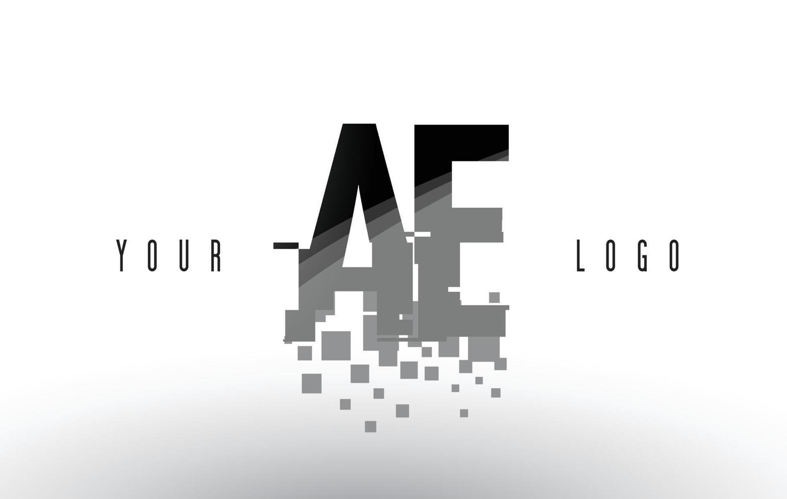 ae ad pixel letter logo met digitale verbrijzelde zwarte vierkanten vector