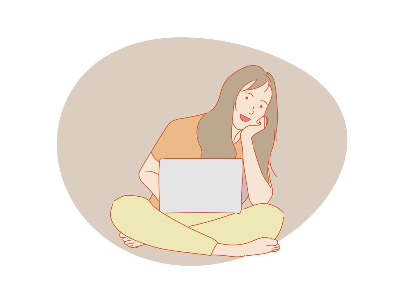 mooie vrouw of schattig meisje zit vooraan computer laptop, kleurrijke vector