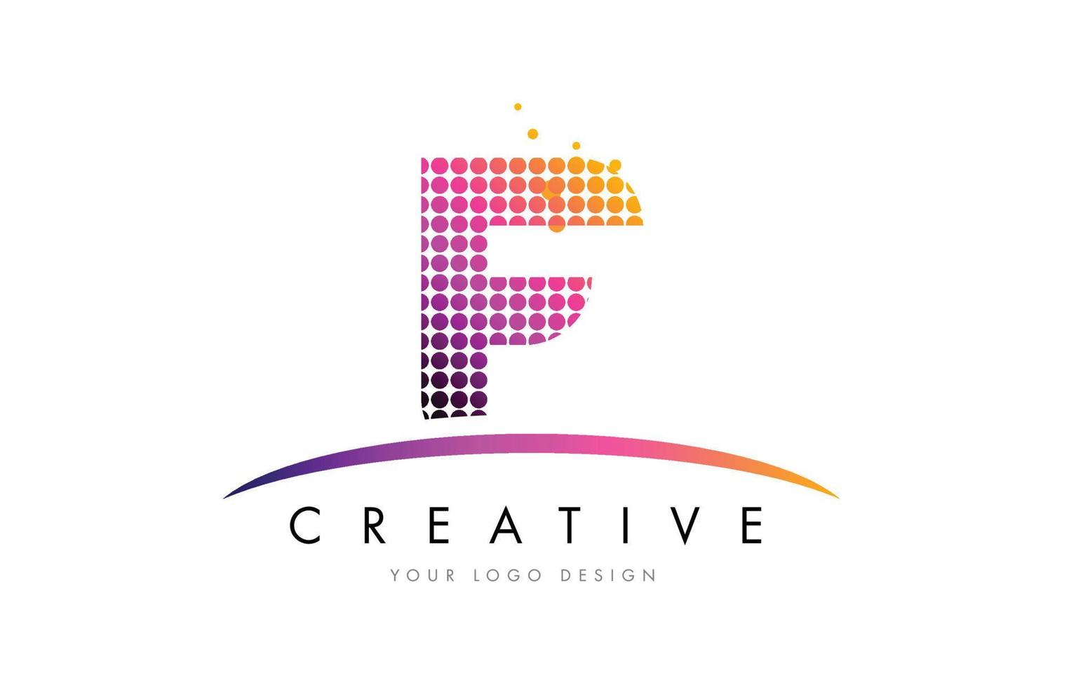 f letter logo-ontwerp met magenta stippen en swoosh vector
