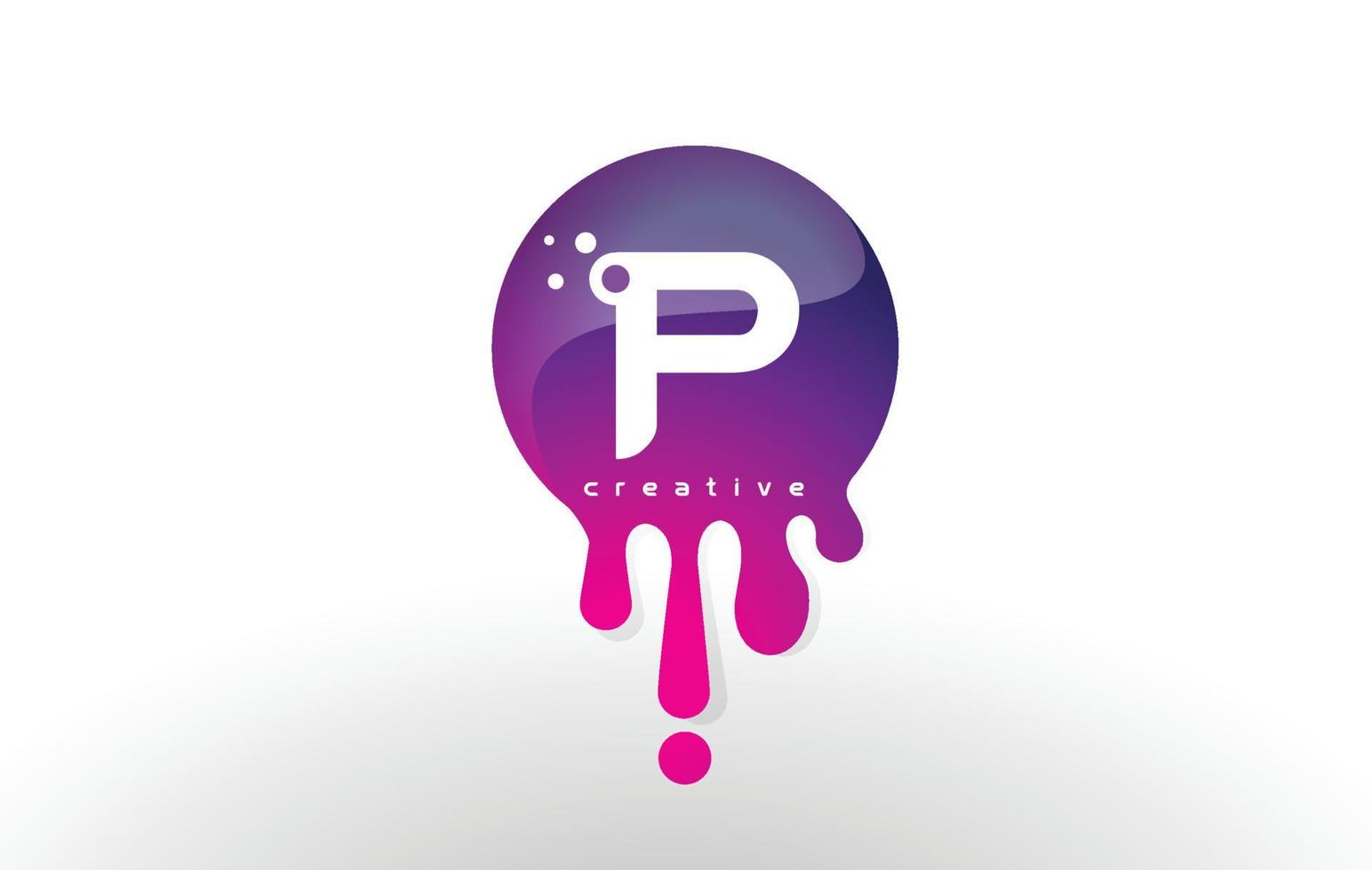 p brief splash logo. paarse stippen en bubbels letterontwerp vector