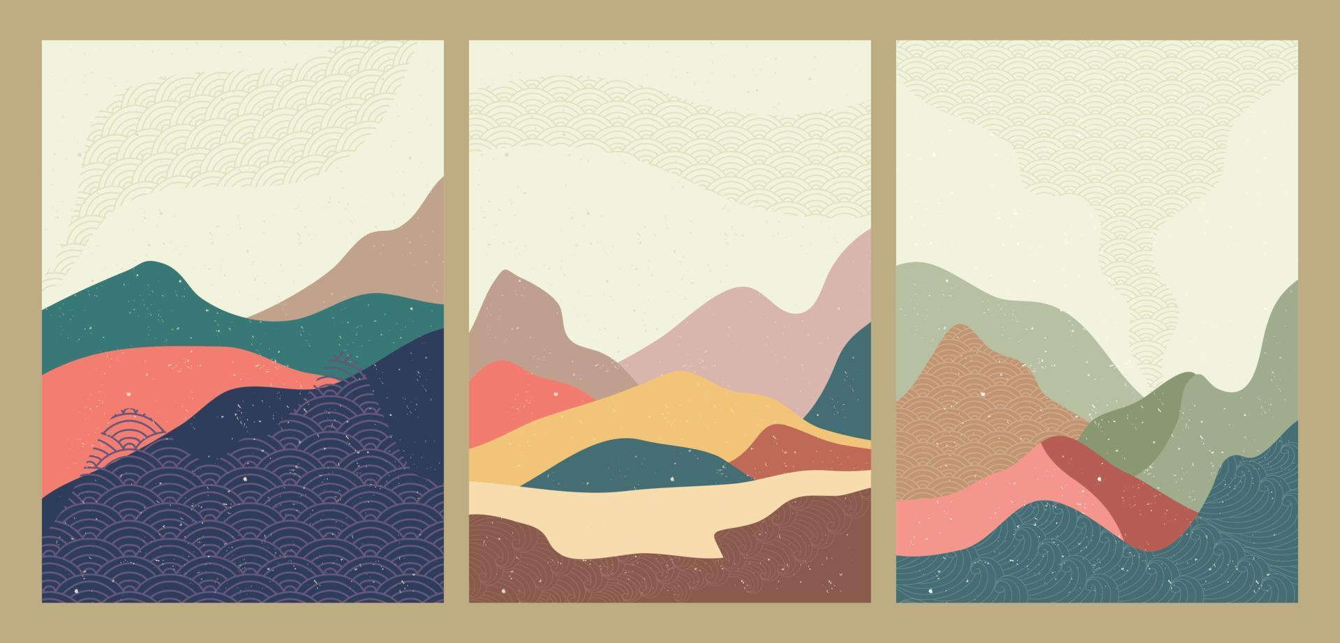 abstracte natuur, zee, lucht en berglandschap. geometrische landschapsachtergrond in Aziatische Japanse stijl. vector illustratie