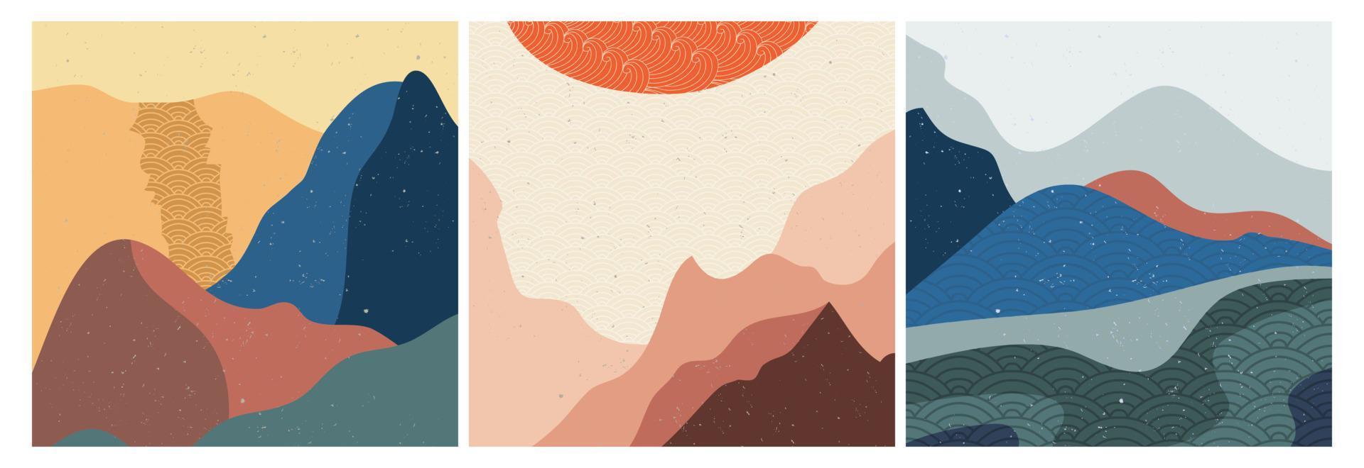 abstracte natuur, zee, lucht en berglandschap. geometrische landschapsachtergrond in Aziatische Japanse stijl. vector illustratie