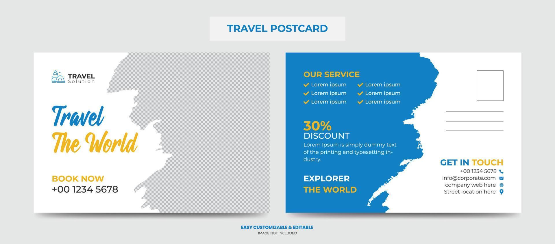 moderne reis briefkaart ontwerpsjabloon. reisorganisatie briefkaart vector