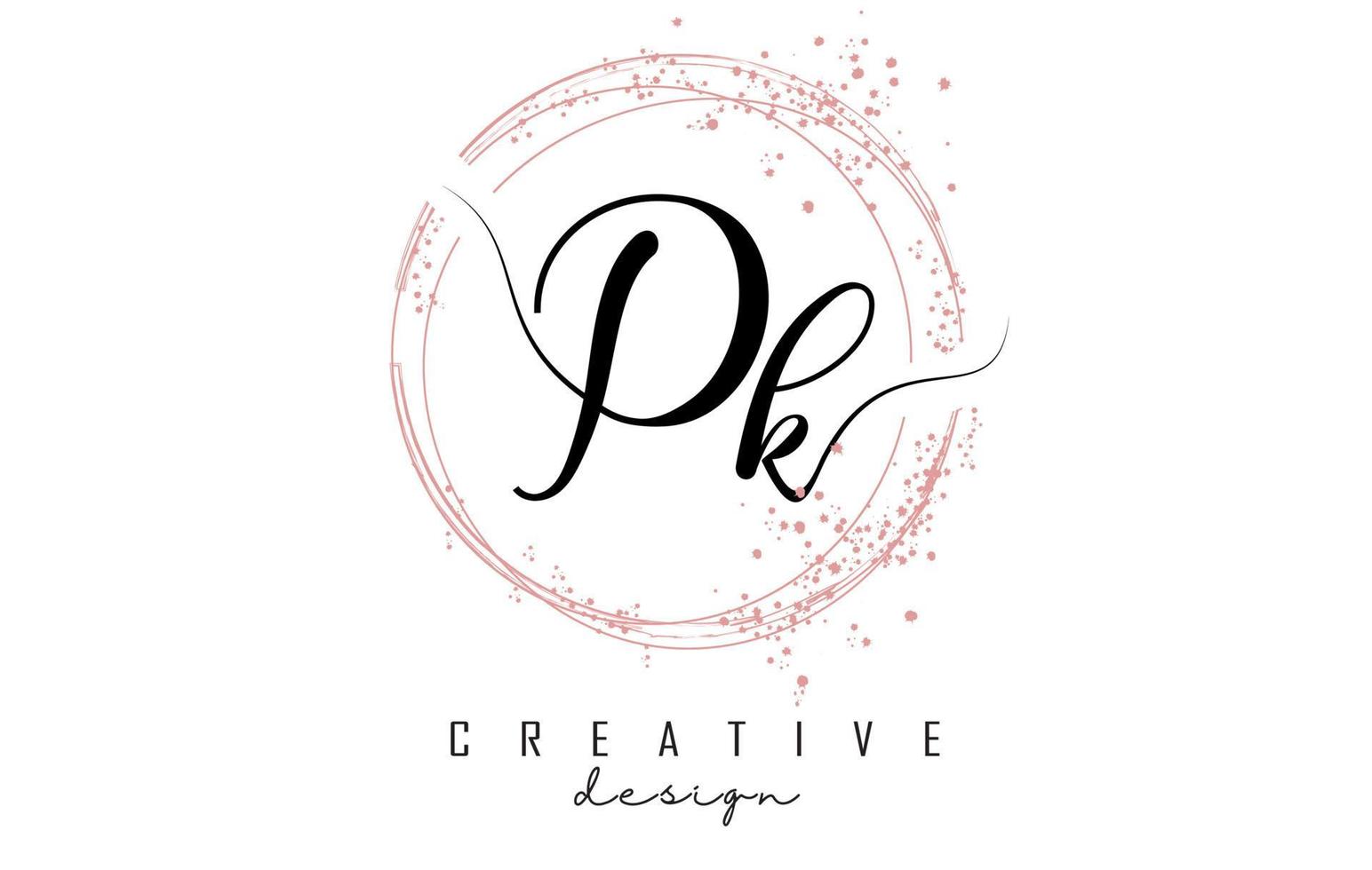 handgeschreven pk pk-letterlogo met sprankelende cirkels met roze glitter. vector