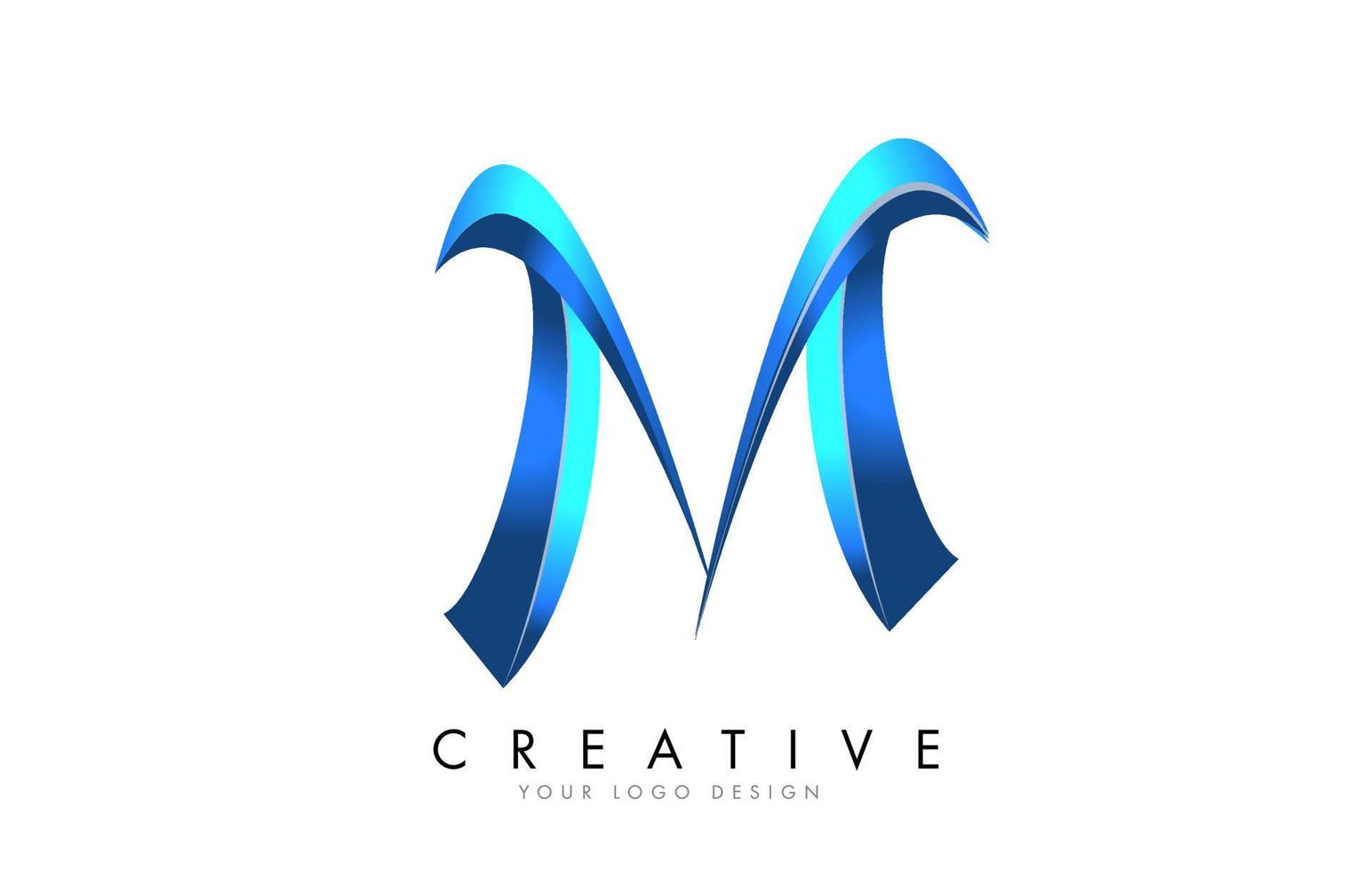 creatief m-letterlogo met blauwe 3d heldere sierletters. blauwe swoosh pictogram vector. vector