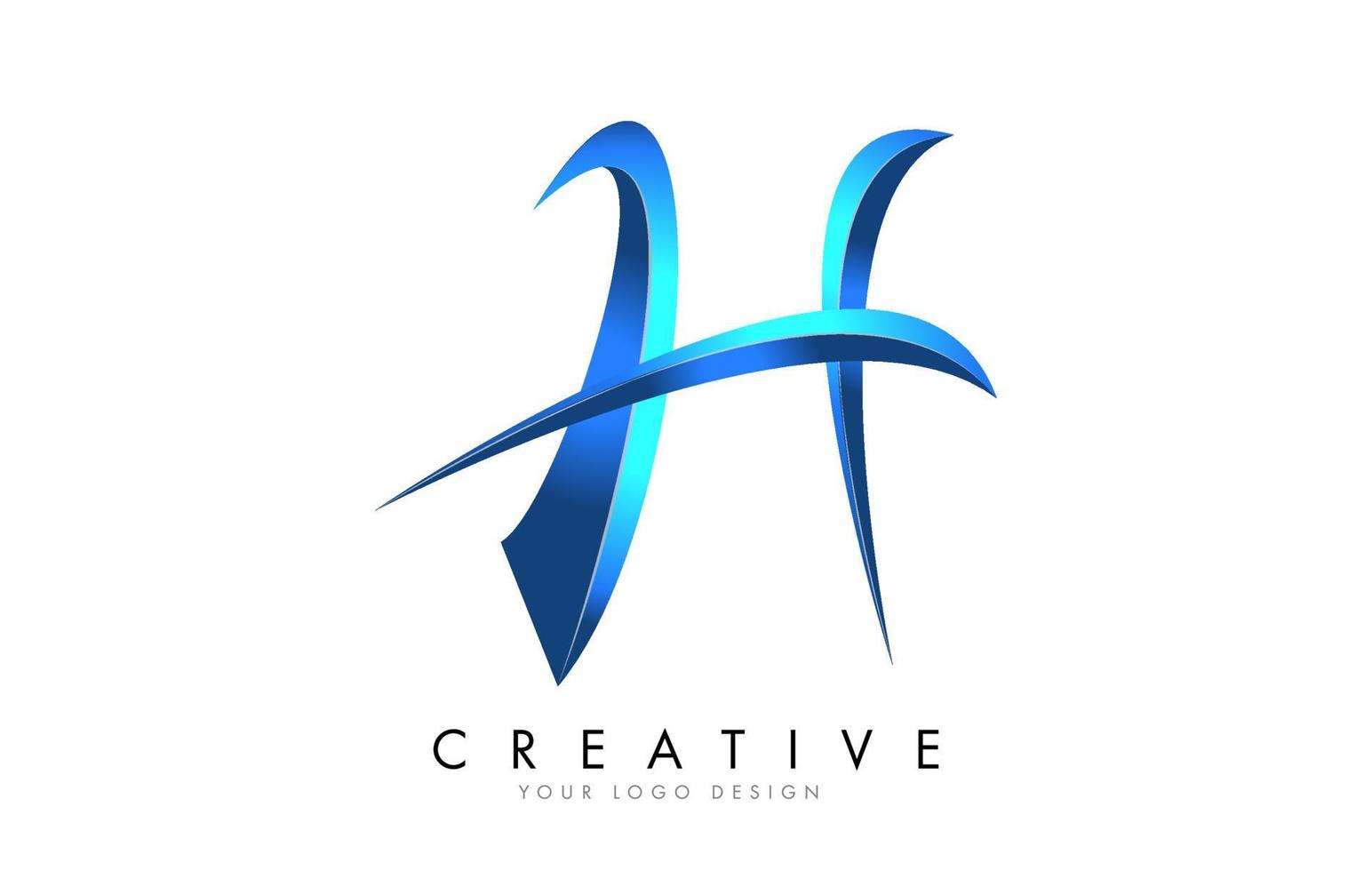 creatief h-letterlogo met blauwe 3d heldere sierletters. blauwe swoosh pictogram vector. vector