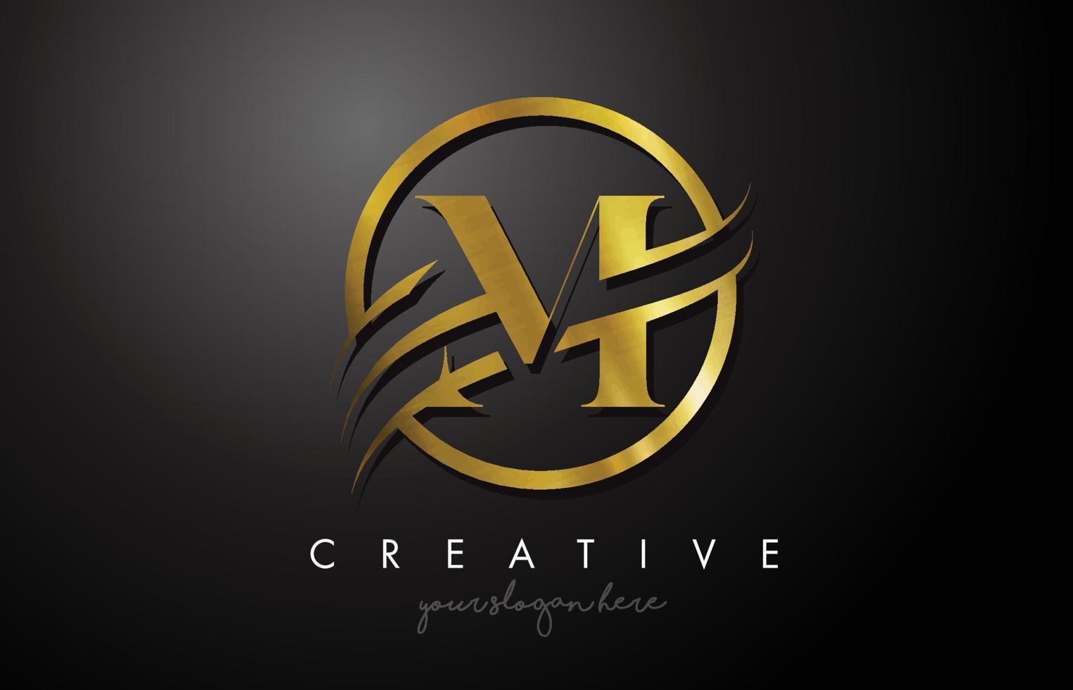 m gouden letter logo-ontwerp met cirkel swoosh en gouden metalen textuur vector