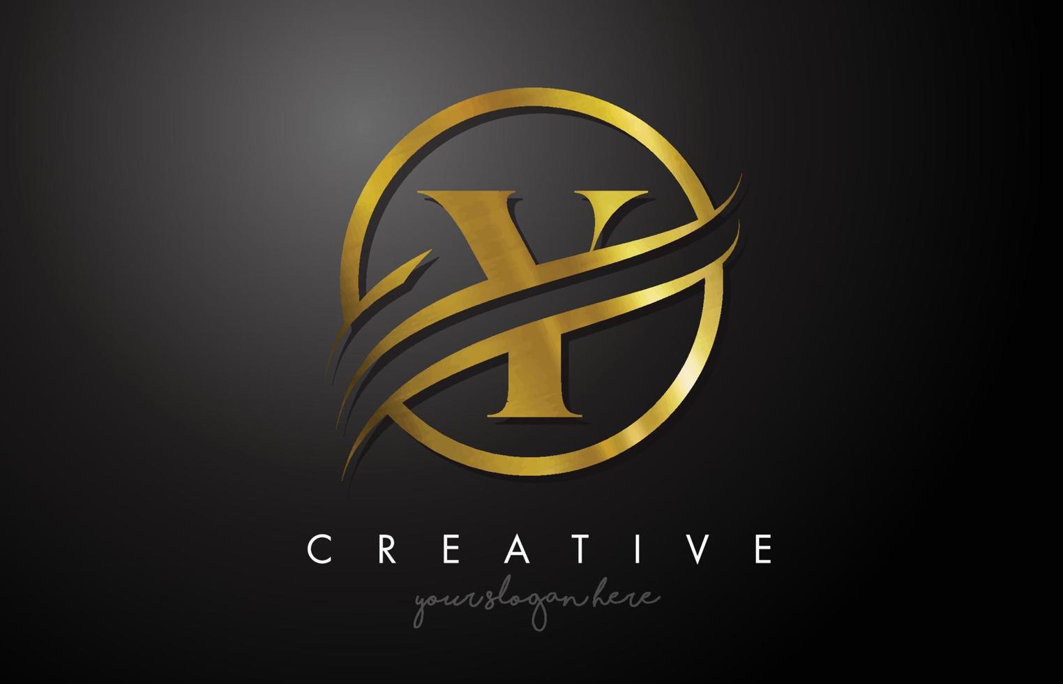 y gouden letter logo-ontwerp met cirkel swoosh en gouden metalen textuur vector