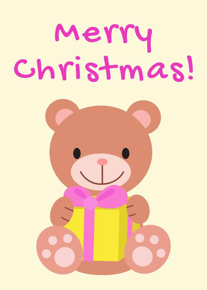 vrolijke kerstkaart. schattige cartoon teddybeer met geschenkdoos. illustratie voor kaarten, kleding, babydouche, textiel en boeken. kinderen ontwerp en decor element. positieve grappige print voor verjaardag vector