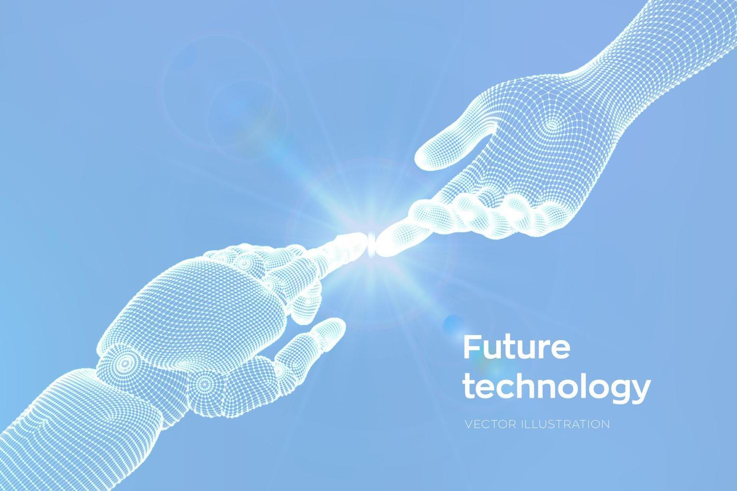 handen van robot en mens aanraken. cyborgvinger die op het punt staat de menselijke vinger aan te raken. symbool van verbinding tussen mensen en kunstmatige intelligentie. wetenschap, toekomstige technologie. vectorillustratie. vector