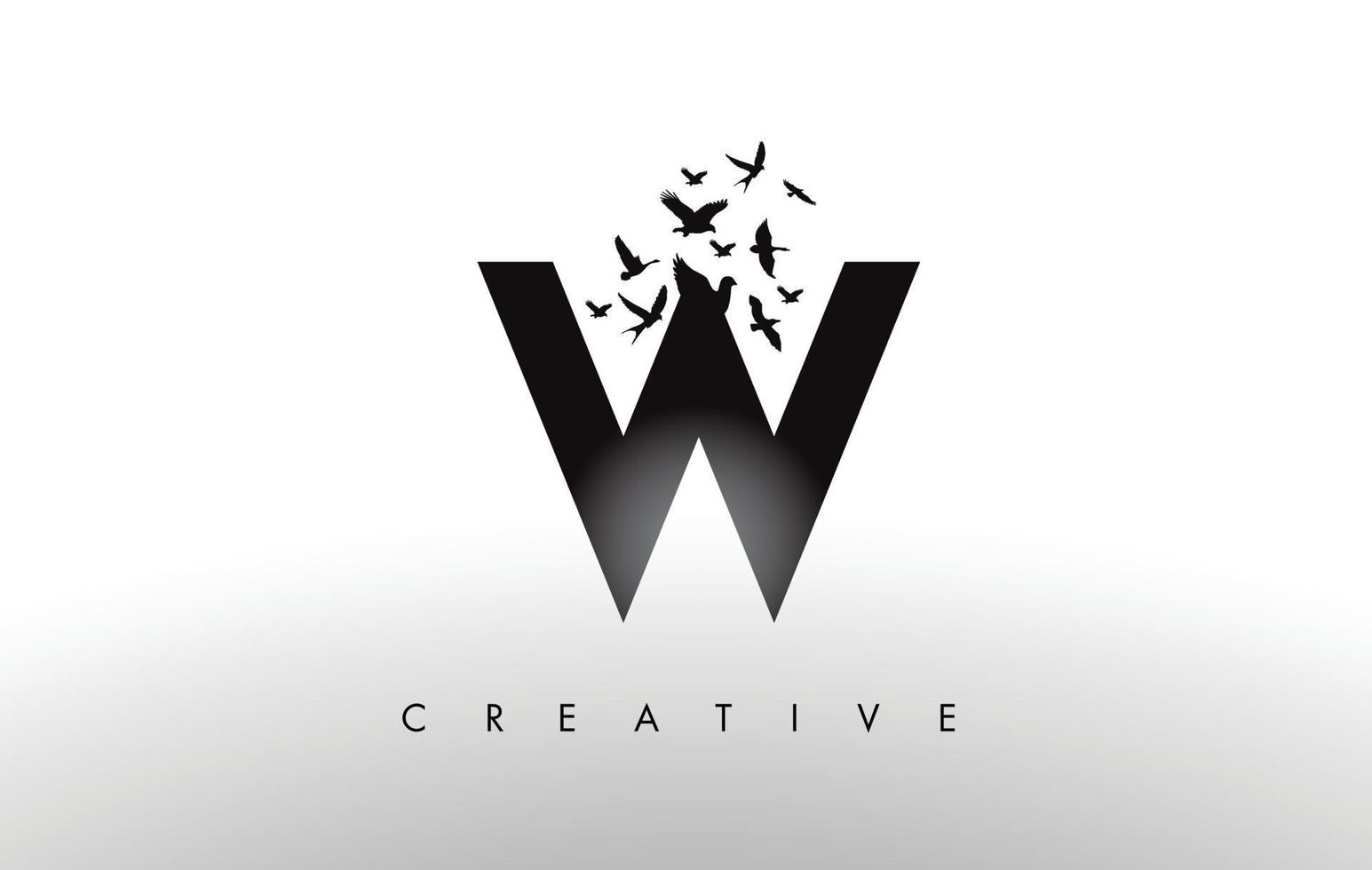 w logo brief met zwerm vogels vliegen en uiteenvallen van de brief. vector