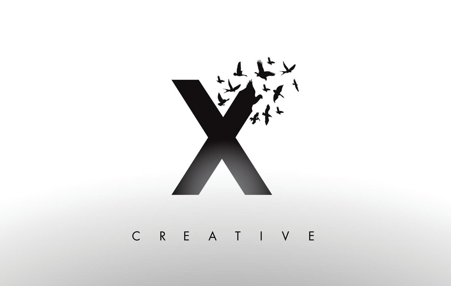 x logo brief met zwerm vogels vliegen en uiteenvallen van de brief. vector