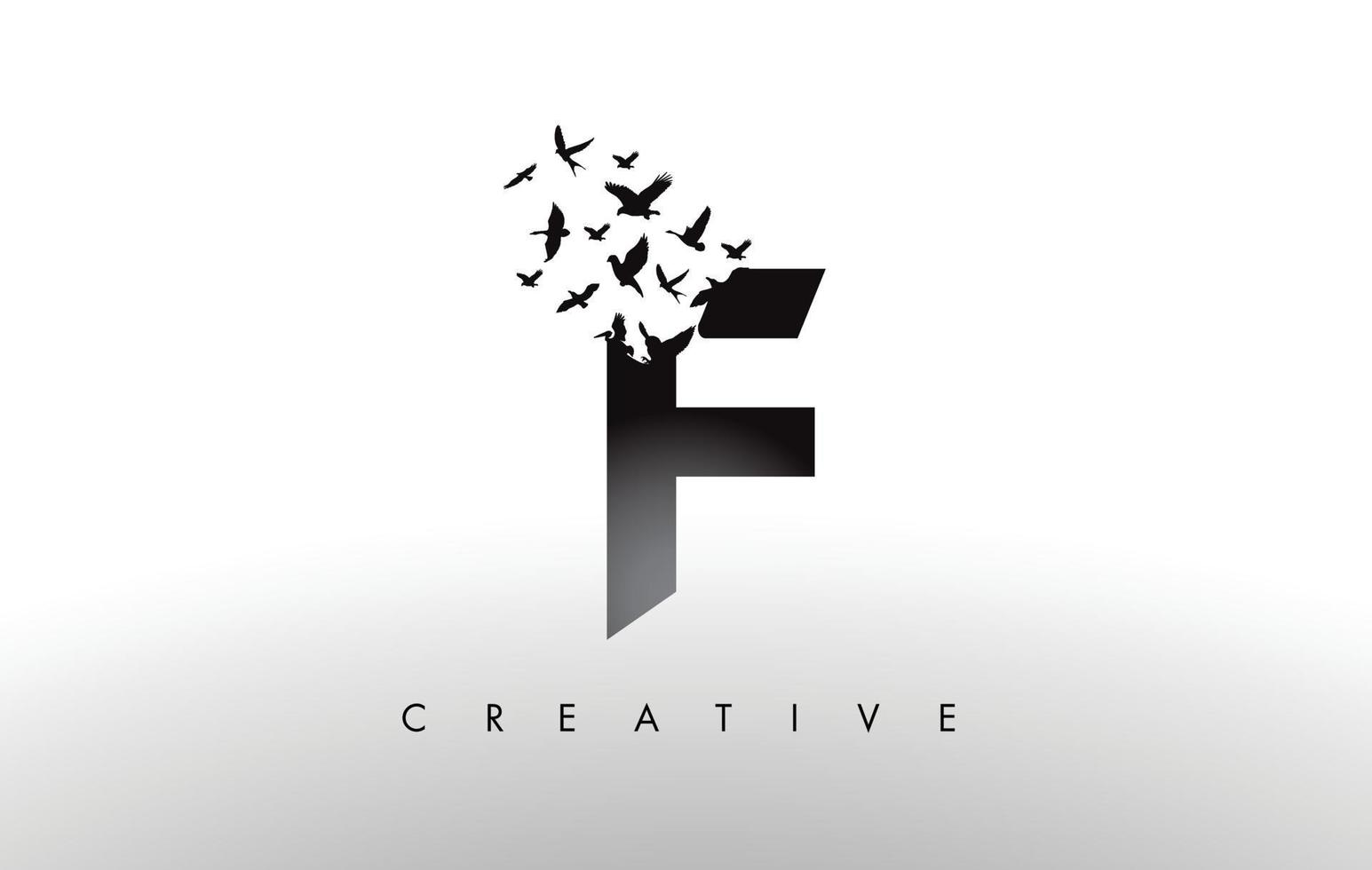 f-logobrief met een zwerm vogels die vliegen en uiteenvallen van de brief. vector