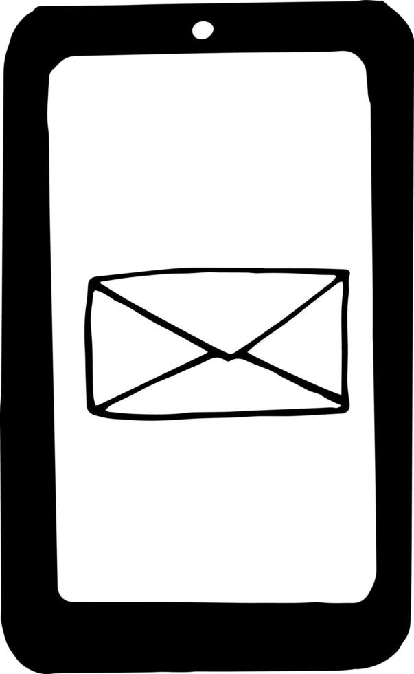 smartphone met envelop op schermpictogram, sticker. schets hand getrokken doodle stijl. , minimalisme, zwart-wit. telefoon, sociale netwerken, technologie elektronica bericht brief communicatie vector
