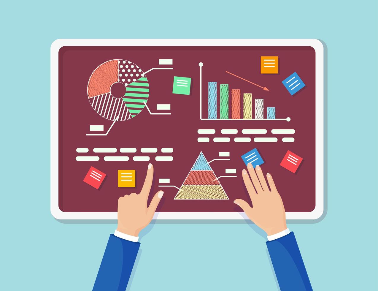 bedrijfsanalyse, data-analyse, onderzoeksstatistieken, planning. grafiek, grafieken, diagram op schoolbord. mensen analyseren, plannen ontwikkeling, marketing. vector plat ontwerp