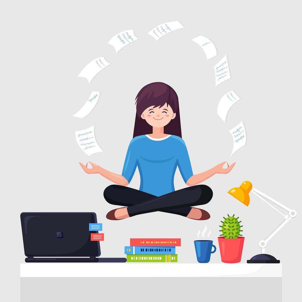 vrouw doet yoga op de werkplek op kantoor. werknemer zittend in padmasana lotus houding op bureau met vliegend papier, mediteren, ontspannen, kalmeren en stress beheersen. vector plat ontwerp