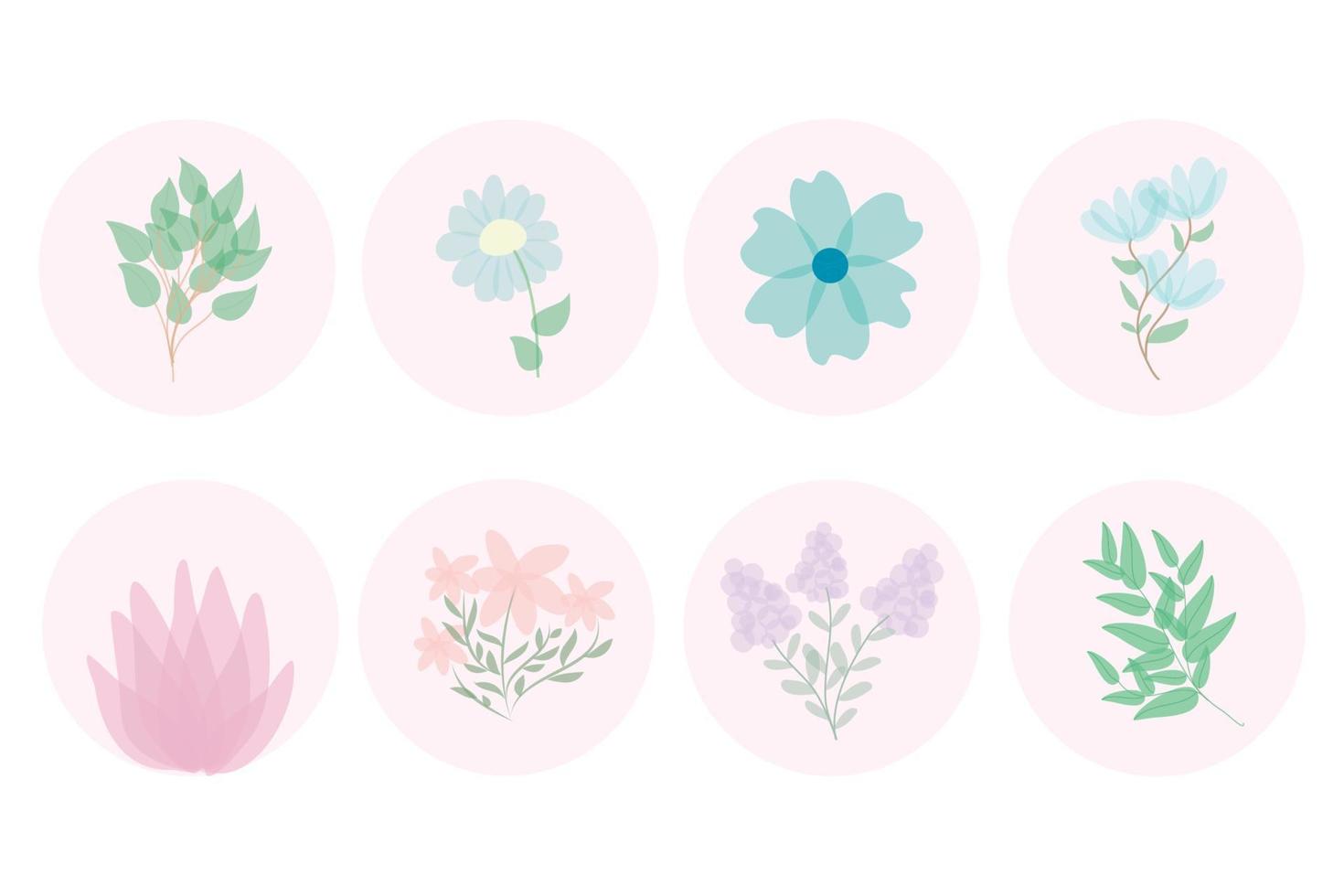 markeer covers voor social media-verhalenvector. veelkleurige cirkels met bloemen en bladeren. ronde bloemen botanische pictogrammen. perfect voor bloggers, merken, stickers, wending, design, decor vector