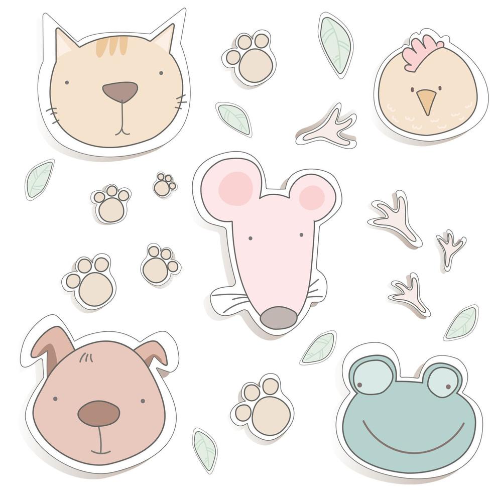 schattige dieren voor babykaart en uitnodiging. vectorillustratie. giraf, luiaard, olifant, haan, kip, zebra, panda. schattige dierenstickers voor kinderen. dierenkoppen instellen. vector