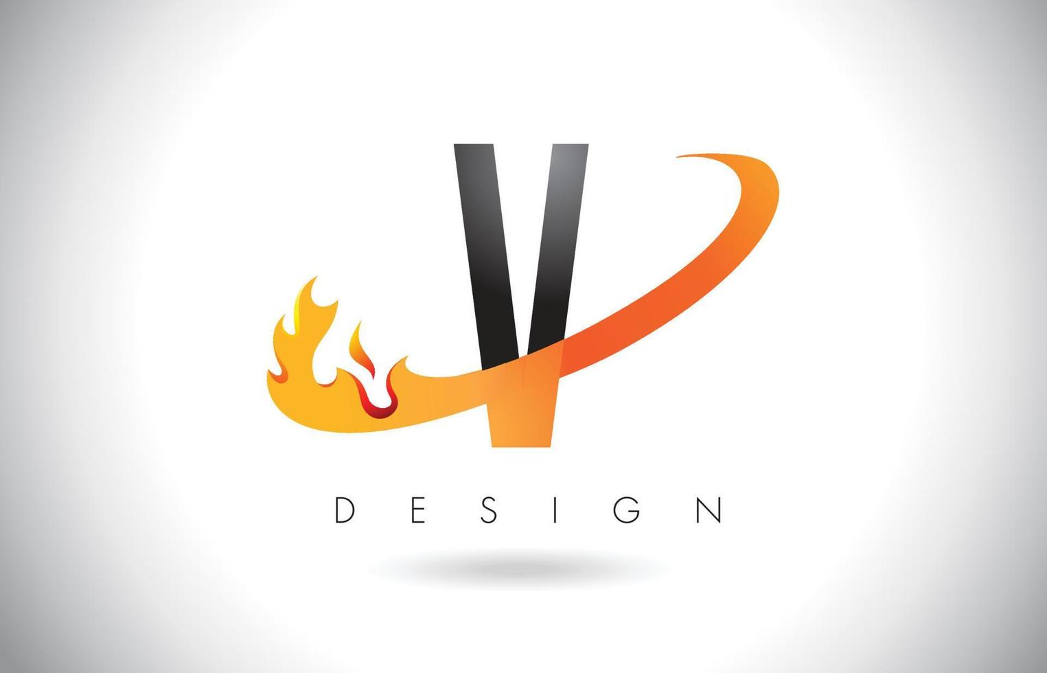 v-letterlogo met vuurvlamontwerp en oranje swoosh. vector