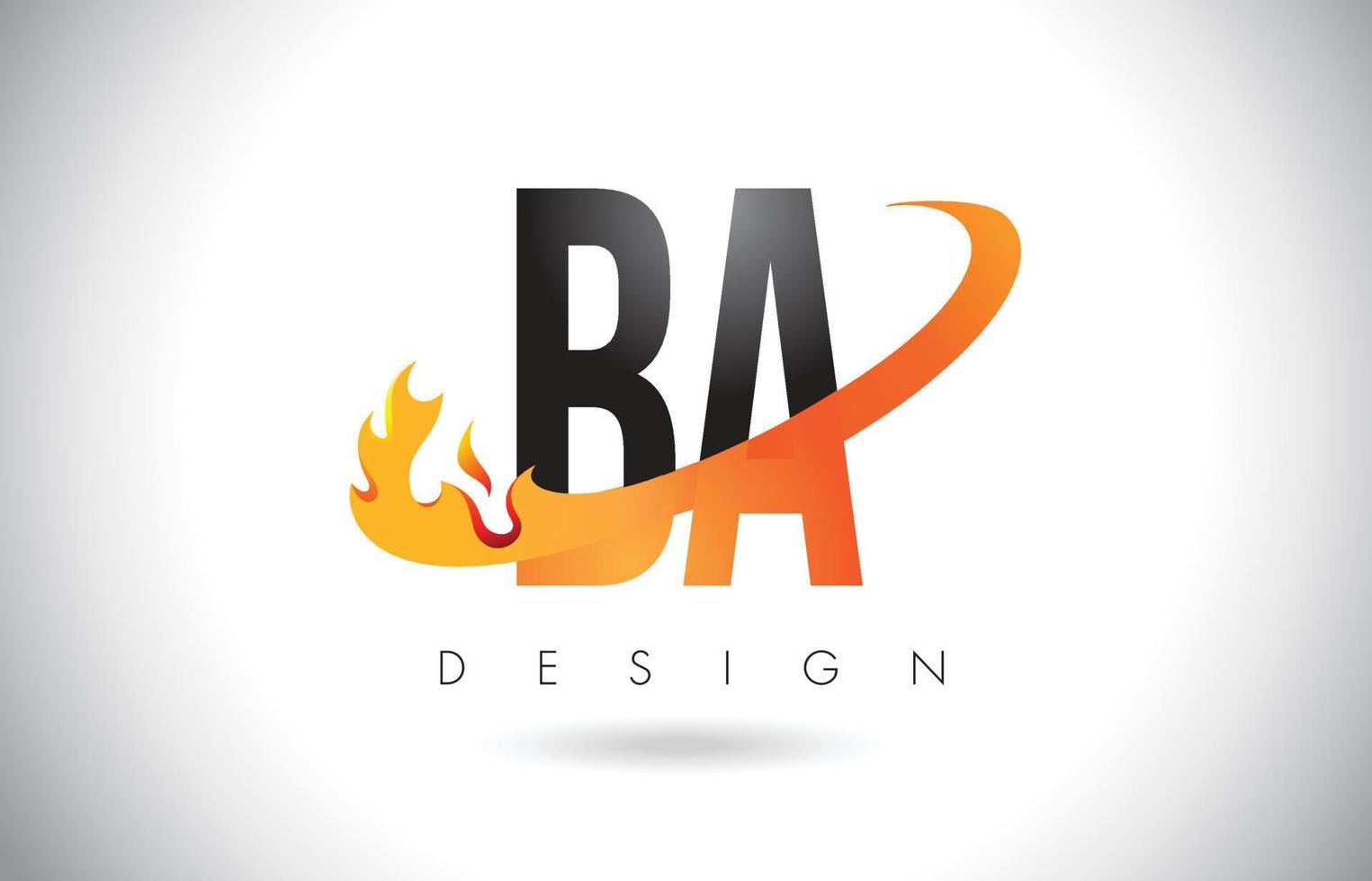 ba ba-letterlogo met vuurvlamontwerp en oranje swoosh. vector