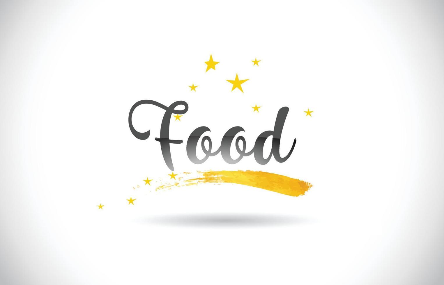 voedselwoord vectortekst met gouden sterrenspoor en handgeschreven gebogen lettertype. vector