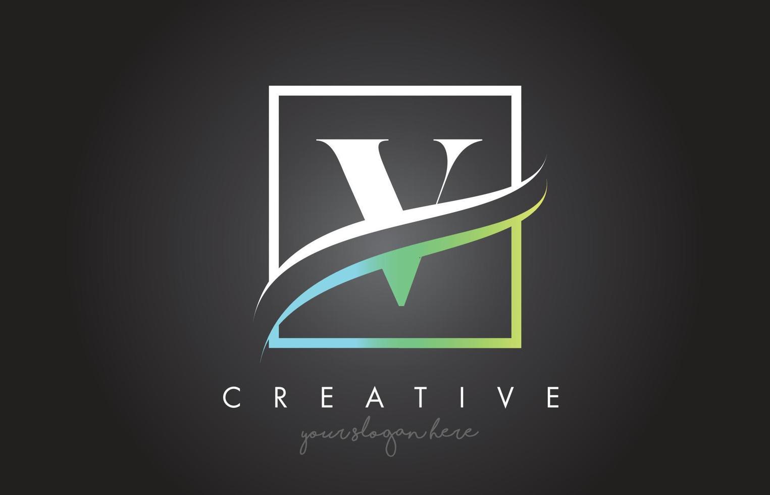 v letter logo-ontwerp met vierkante swoosh-rand en creatief pictogramontwerp. vector