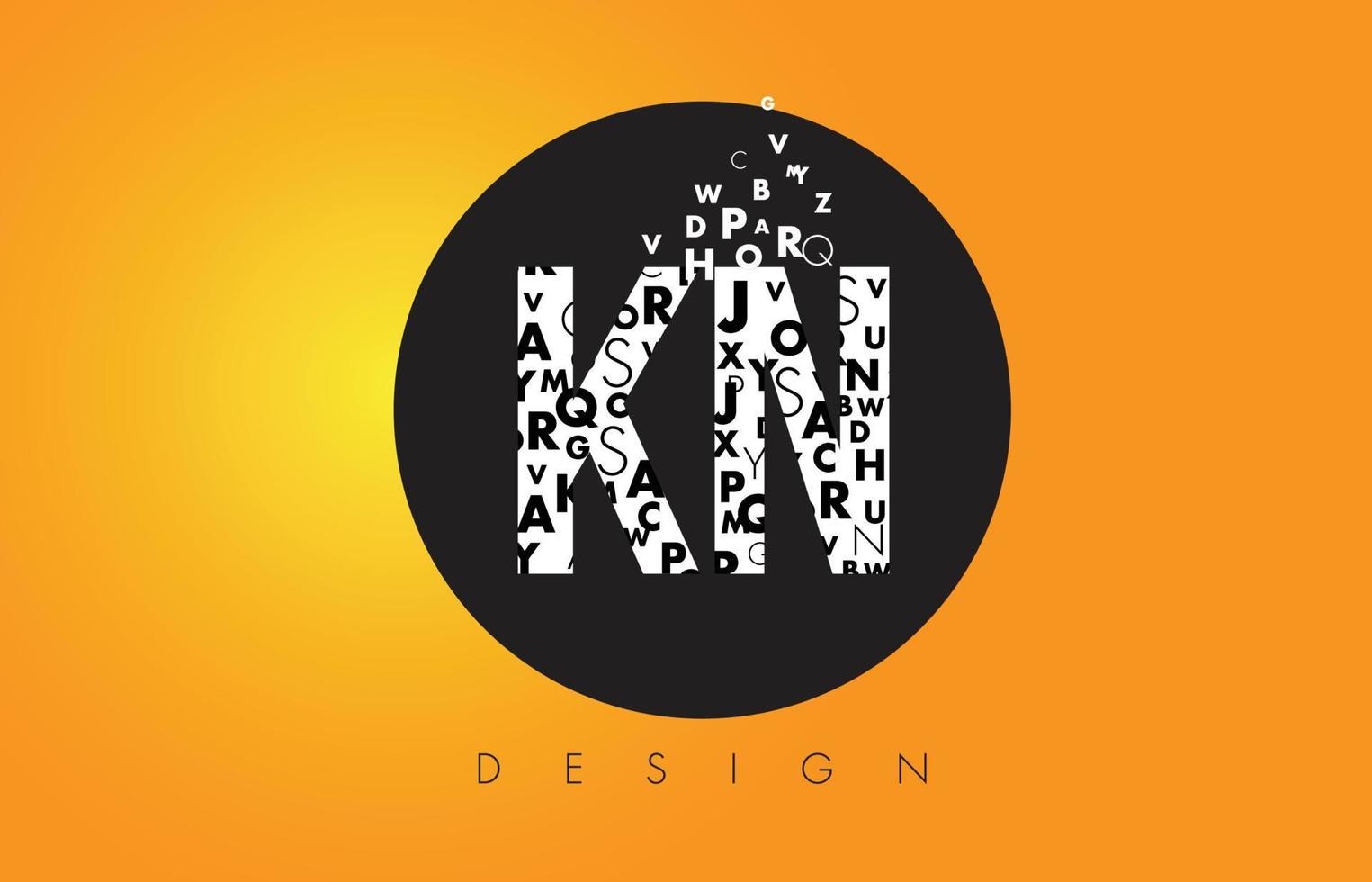 kn kn-logo gemaakt van kleine letters met zwarte cirkel en gele achtergrond. vector