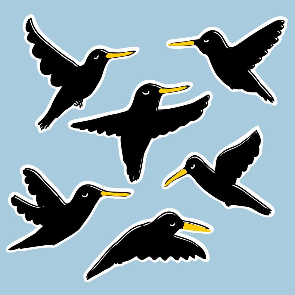 handgetekende zwarte kraaien en raven stickers collectie. vector