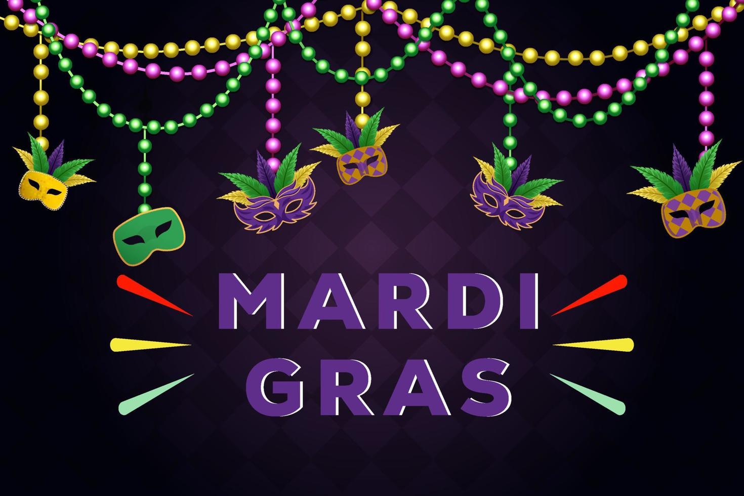 mardi gras achtergrond met kralen en hangend masker. vector ontwerp illustratie