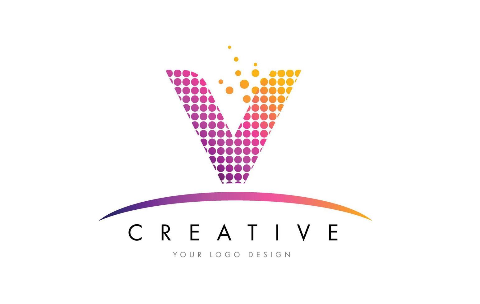 v letter logo-ontwerp met magenta stippen en swoosh vector