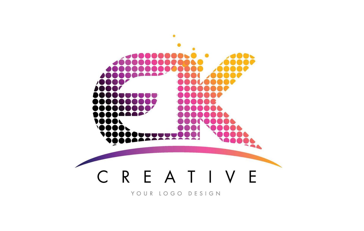 ek ek letter logo-ontwerp met magenta stippen en swoosh vector