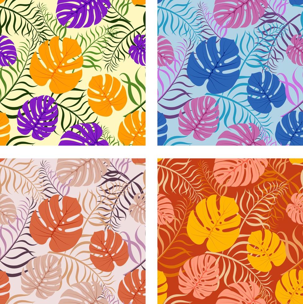 set van heldere naadloze patroon vector tropische bloemen. moderne exotische jungle en planten illustratie in de hand getekende stijl ontwerp voor mode, stof.