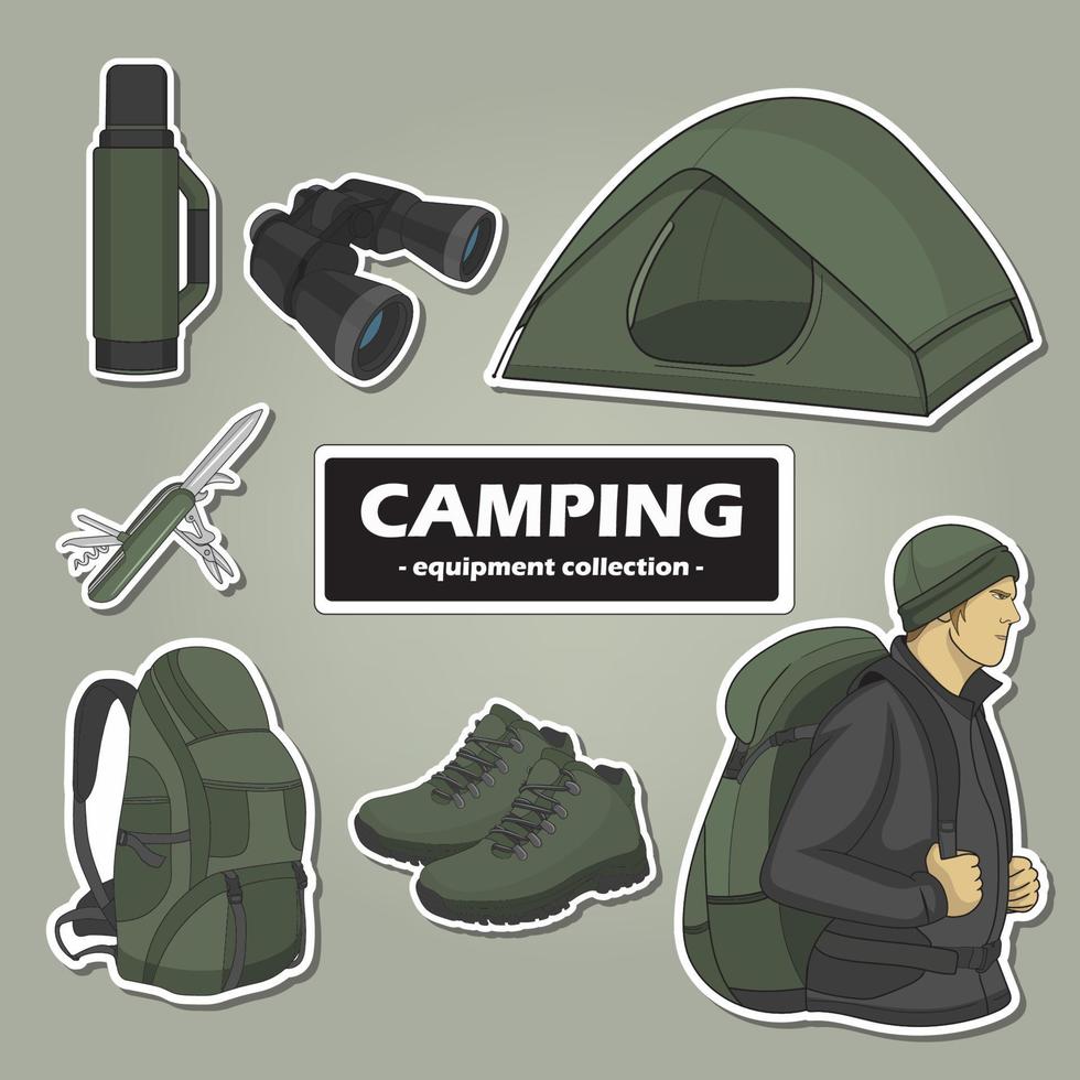 camping set, handgetekende elementen. perfect voor scrapbooking, knutselprojecten, posters, tags, stickerkit. vectorillustratie. vector