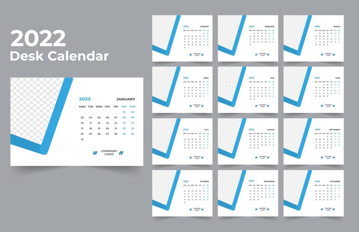 bureaukalender ontwerp 2022 sjabloonset van 12 maanden, week begint maandag, briefpapierontwerp, kalenderplanner vector