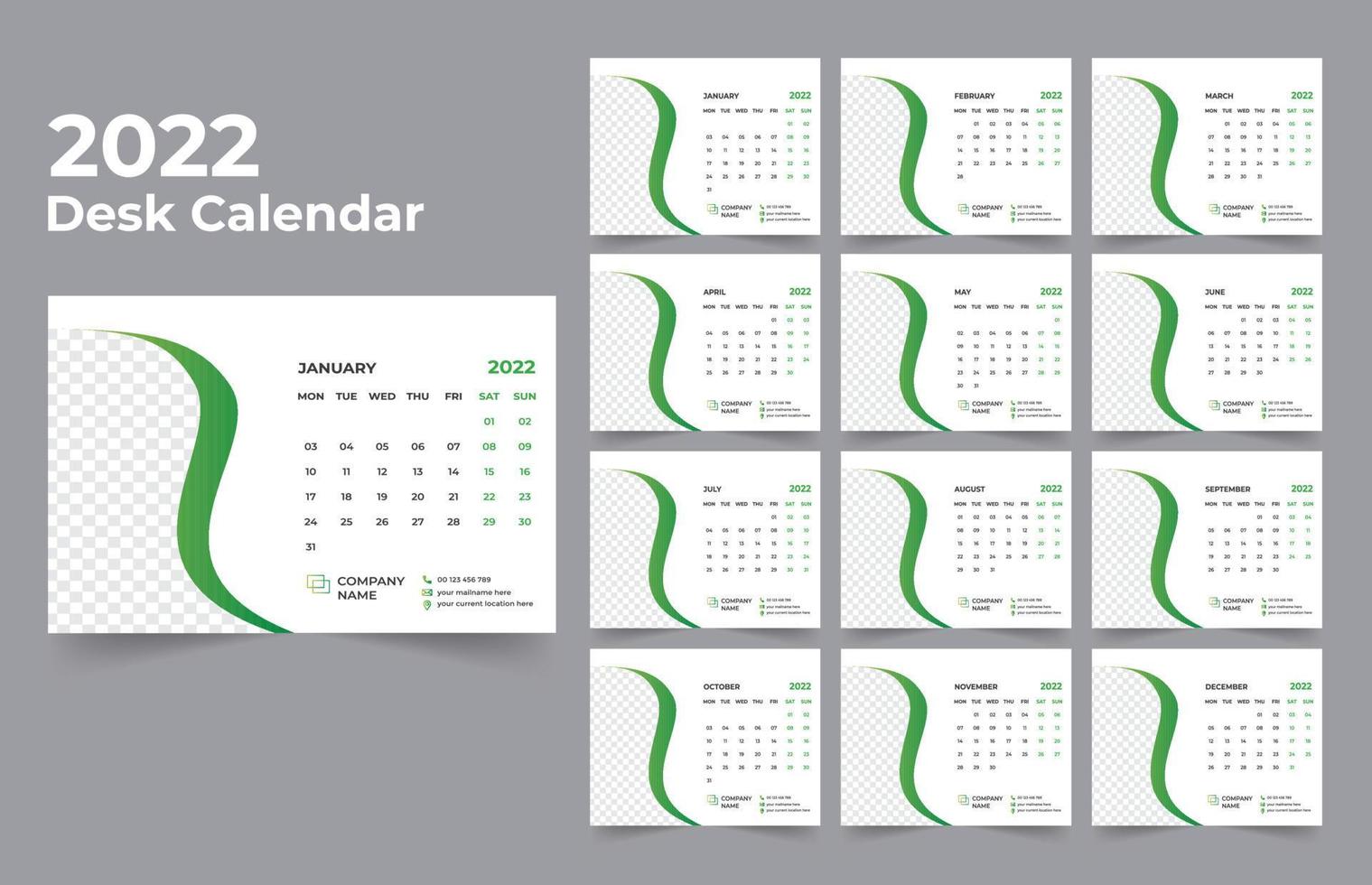 bureaukalender ontwerp 2022 sjabloonset van 12 maanden, week begint maandag, briefpapierontwerp, kalenderplanner vector